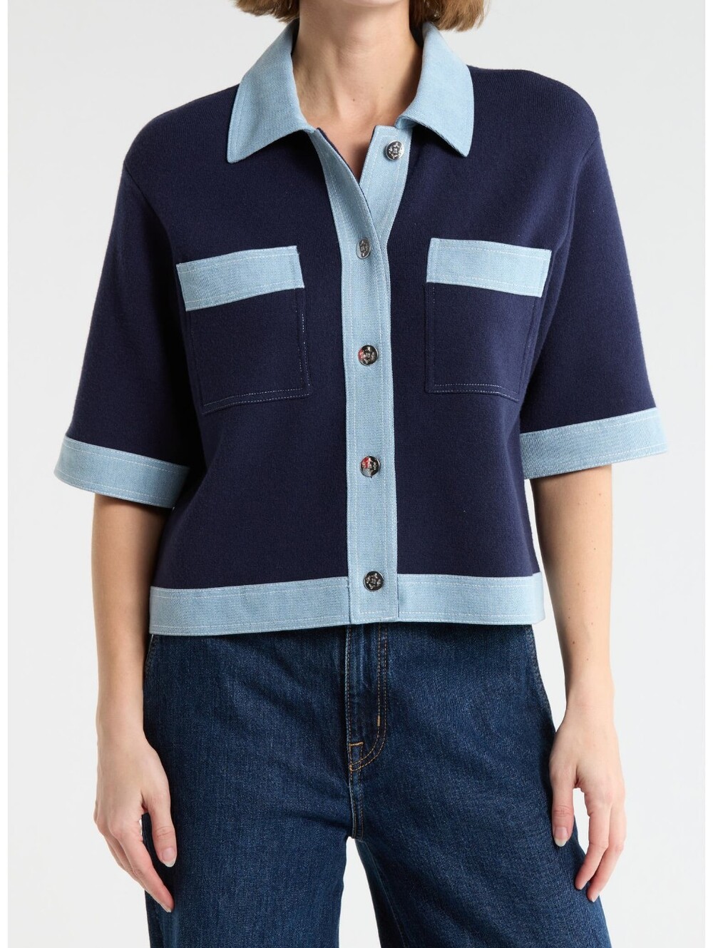 NWT " Nanette Lepore" Denim Trim Cropped Cardigan Woman's Size X-Large